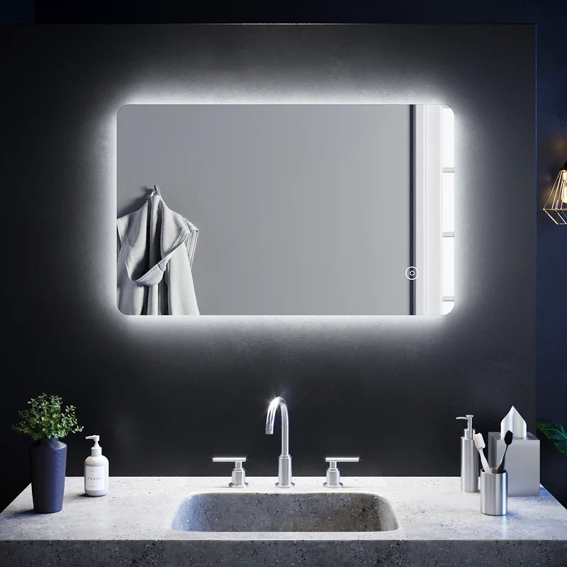 SIRHONA 80x50cm Miroir à LED Miroir de Salle de Bains avec éclairage Anti-buée Mirror Murale avec Interrupteur Tactile