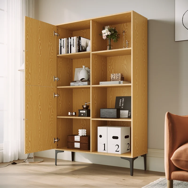 SIRHONA Vitrine de style moderne Semi-ouverte Bibliothèque à 8 compartiments salon Étagère de Rangement Meubles couleur bois 100x35x160 cm