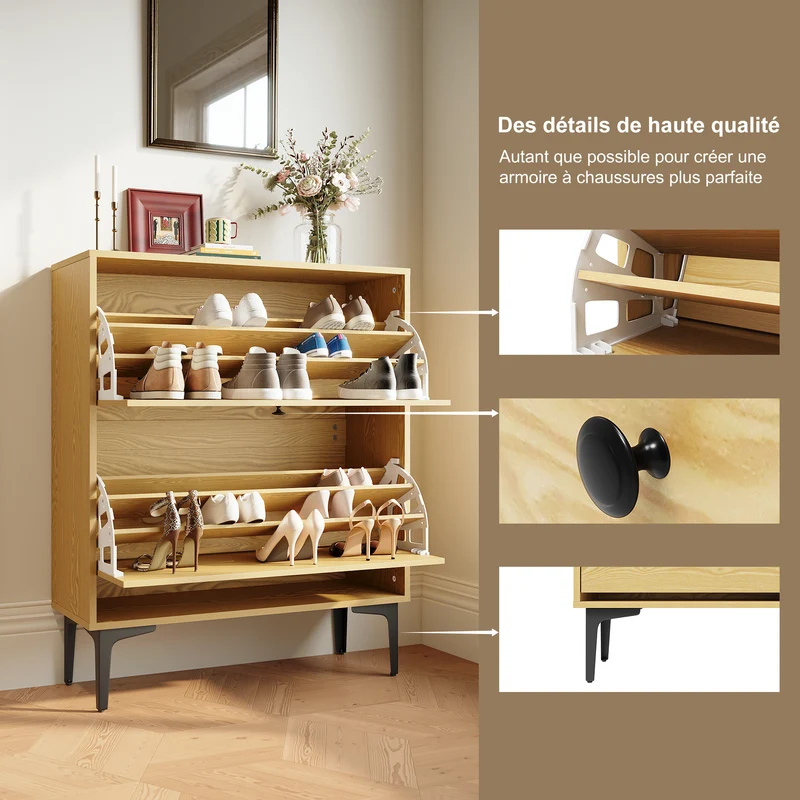 SIRHONA Meuble à chaussures 6 compartiments Commode à chaussures peu encombrante Meubles couleur bois 80x30x95 cm