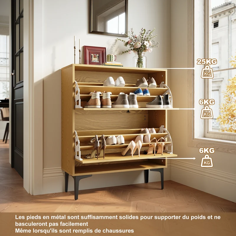 SIRHONA Meuble à chaussures 6 compartiments Commode à chaussures peu encombrante Meubles couleur bois 80x30x95 cm