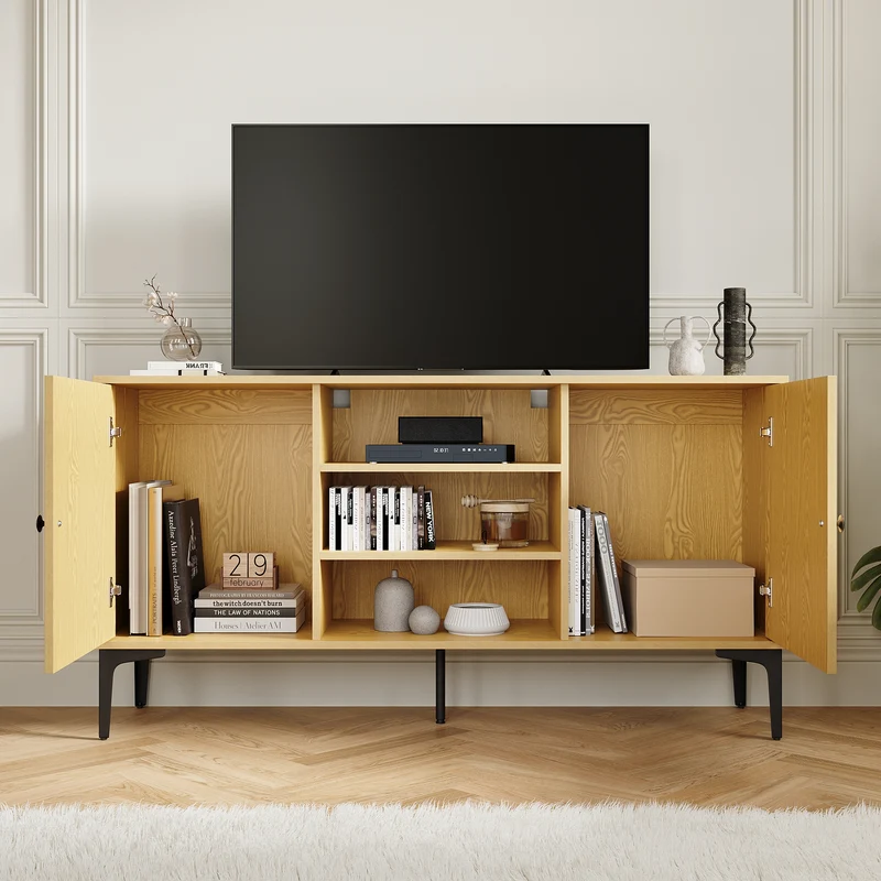 SIRHONA Meuble TV Support télévision Meuble TV style moderne avec porte battante meuble TV couleur imitation bois 140x35x70 cm