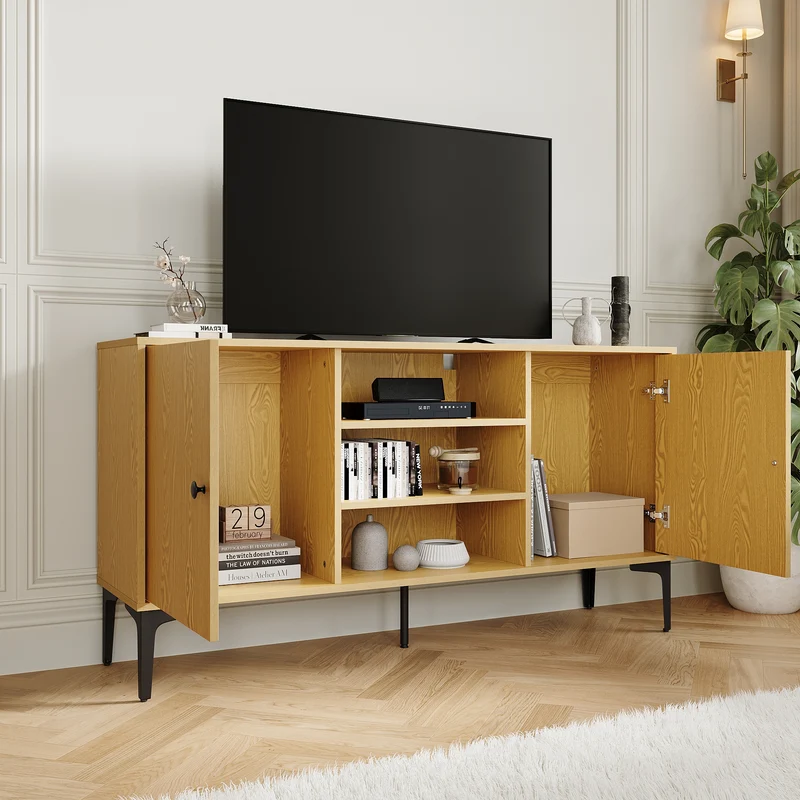 SIRHONA Meuble TV Support télévision Meuble TV style moderne avec porte battante meuble TV couleur imitation bois 140x35x70 cm