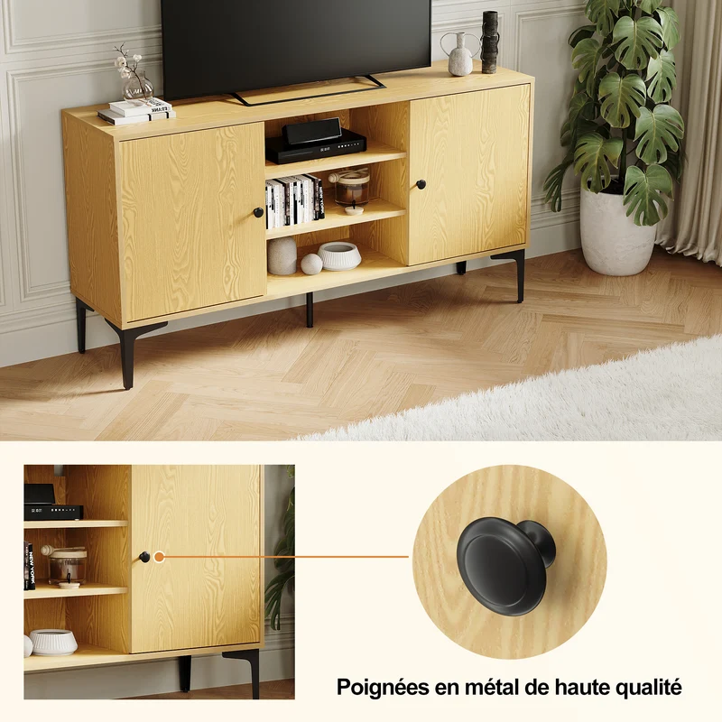 SIRHONA Meuble TV Support télévision Meuble TV style moderne avec porte battante meuble TV couleur imitation bois 140x35x70 cm