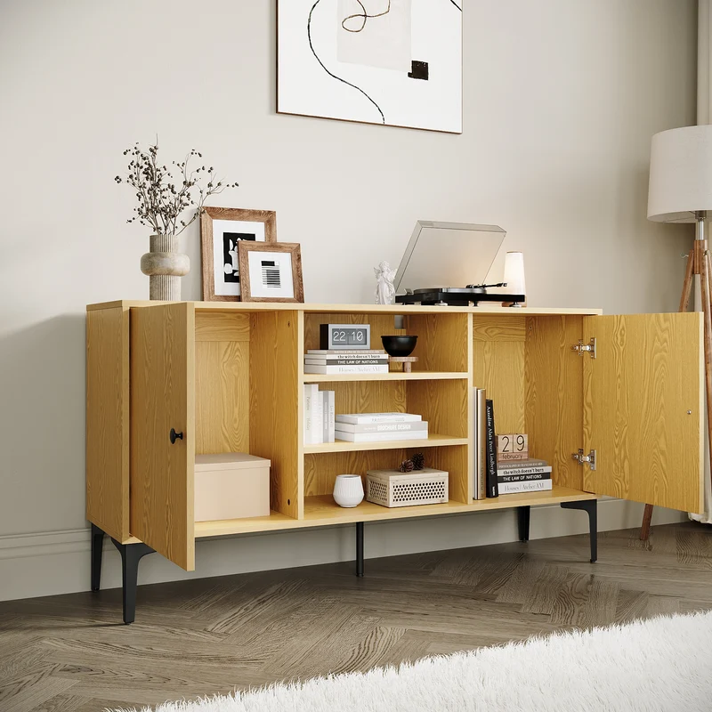 SIRHONA Meuble TV Support télévision Meuble TV style moderne avec porte battante meuble TV couleur imitation bois 140x35x70 cm