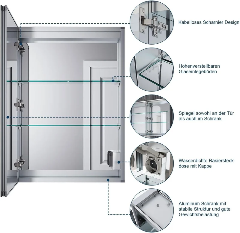 SIRHONA Armoire de salle de bain LED avec éclairage 50 × 70 cm En aluminium anti-buée Charnière sans fil Avec miroir et prise IP44 Waterciht