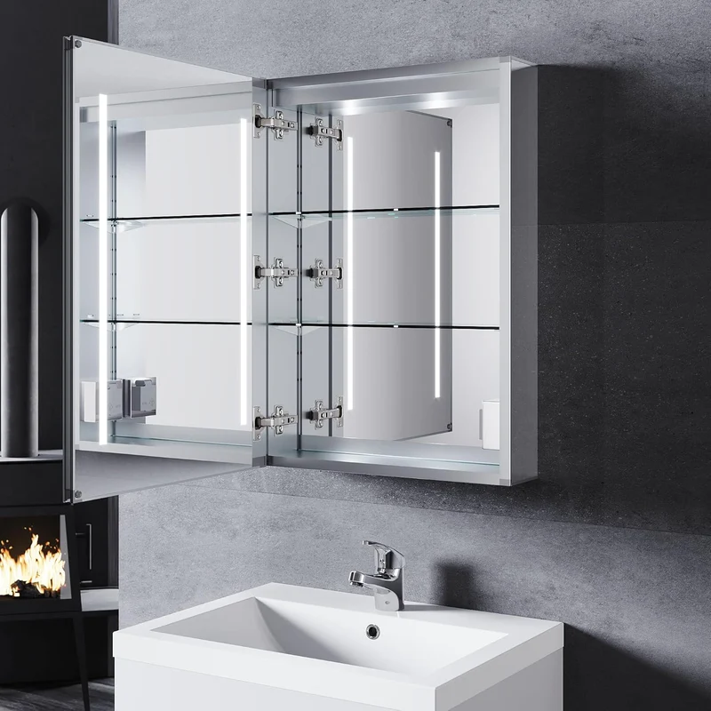 SIRHONA Armoire de salle de bain LED avec éclairage 50 × 70 cm En aluminium anti-buée Charnière sans fil Avec miroir et prise IP44 Waterciht