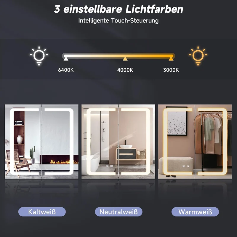SIRHONA Armoire de salle de bain LED avec éclairage 50 × 70 cm En aluminium anti-buée Charnière sans fil Avec miroir et prise IP44 Waterciht