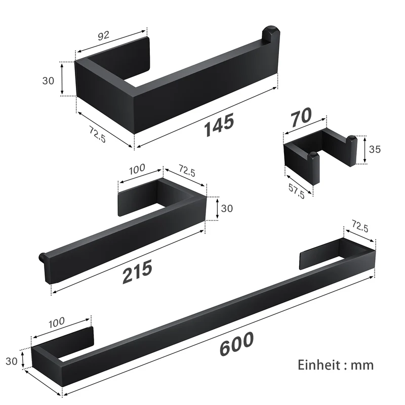 SIRHONA 4 Pièces Porte-Serviettes Ensemble de Salle de Bains SUS304 60 CM Long Barre Anneaux porte-serviettes montage mural, Couleur Noir Mat