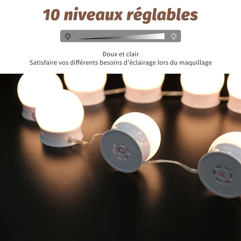SIRHONA Miroir de courtoisie hollywoodien avec 10 ampoules LED à interrupteur dimmable USB blanc Miroir de courtoisie hollywoodien pour la chambre à coucher