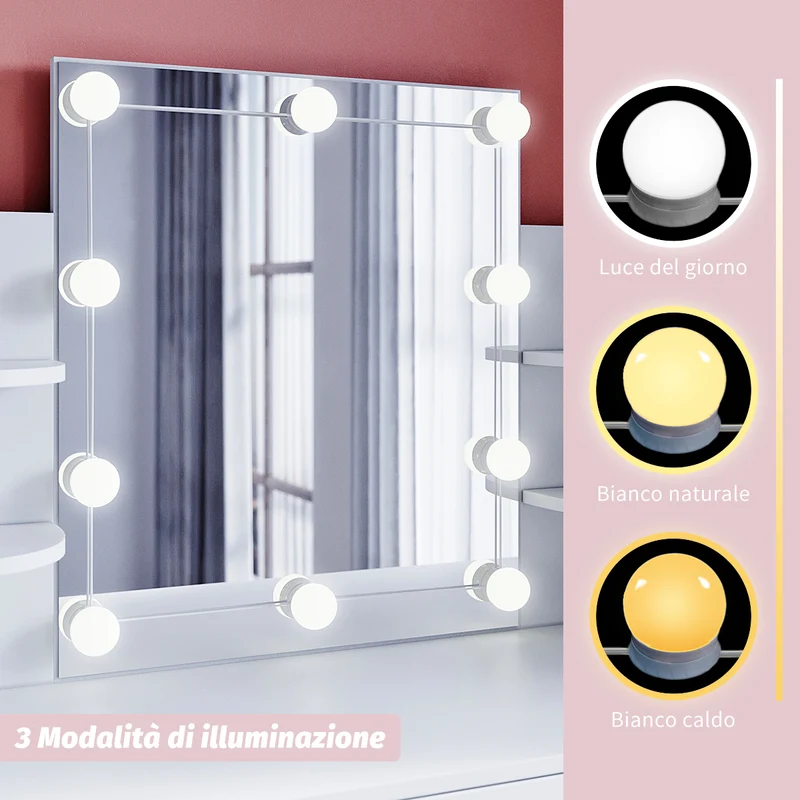 SIRHONA Miroir de courtoisie hollywoodien avec 10 ampoules LED à interrupteur dimmable USB blanc Miroir de courtoisie hollywoodien pour la chambre à coucher