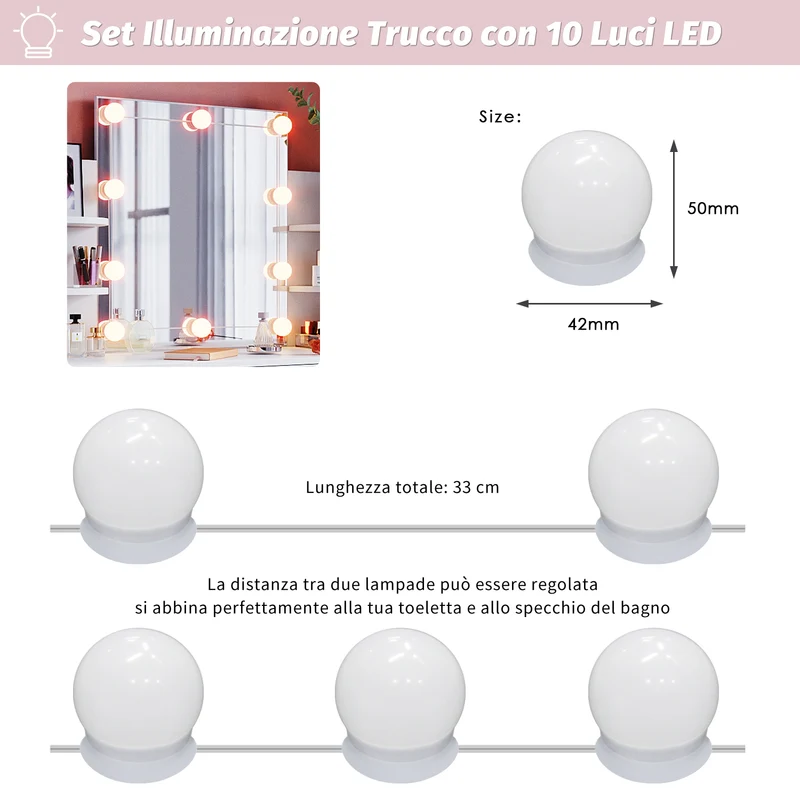 SIRHONA Miroir de courtoisie hollywoodien avec 10 ampoules LED à interrupteur dimmable USB blanc Miroir de courtoisie hollywoodien pour la chambre à coucher