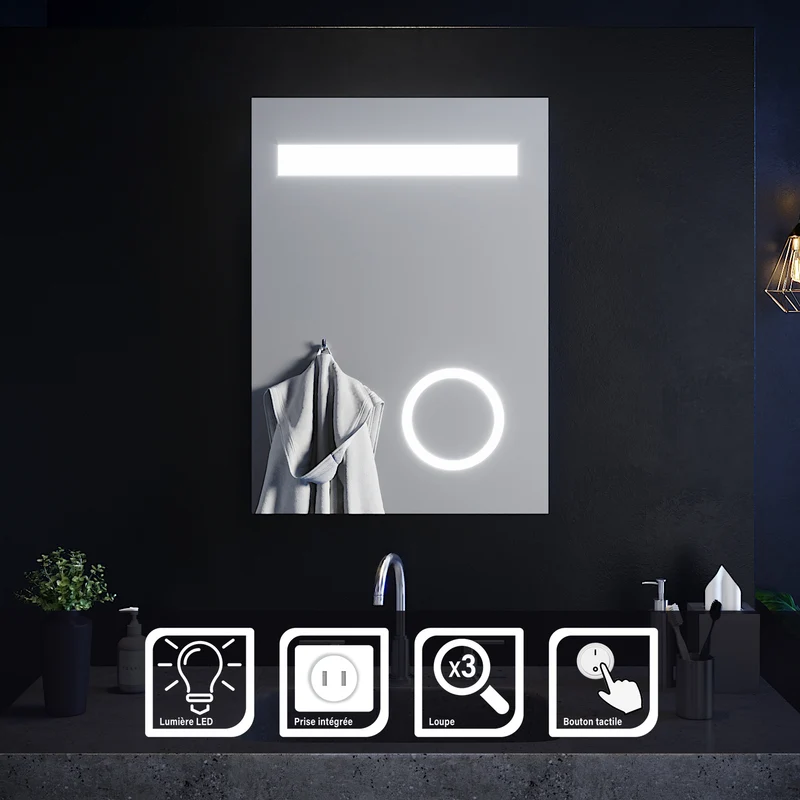 SIRHONA Miroir led 50x70 CM Miroir de salle de bains avec éclairage LED Miroir Cosmétiques Mural Lumière Illumination avec Prise Rasoir Bouton de commutation