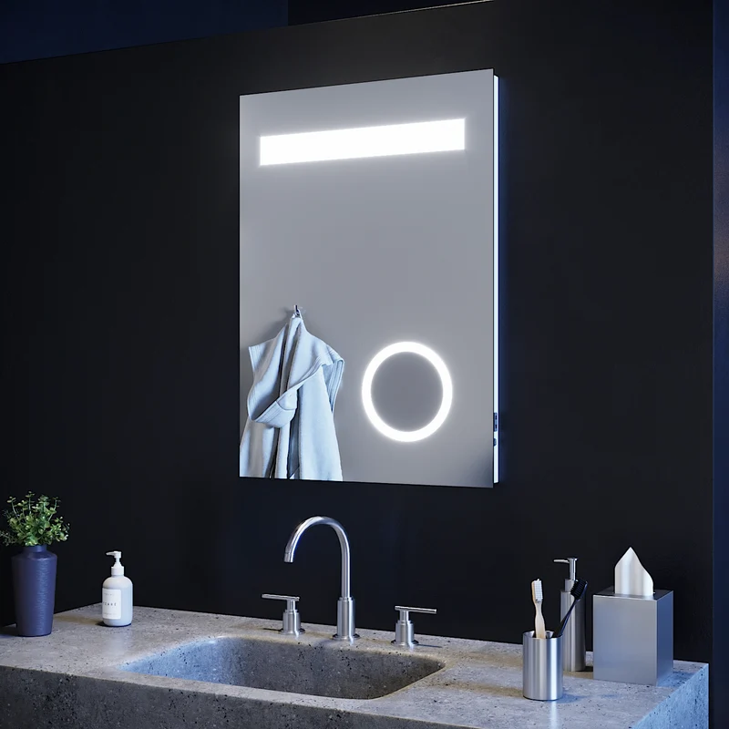 SIRHONA Miroir led 50x70 CM Miroir de salle de bains avec éclairage LED Miroir Cosmétiques Mural Lumière Illumination avec Prise Rasoir Bouton de commutation