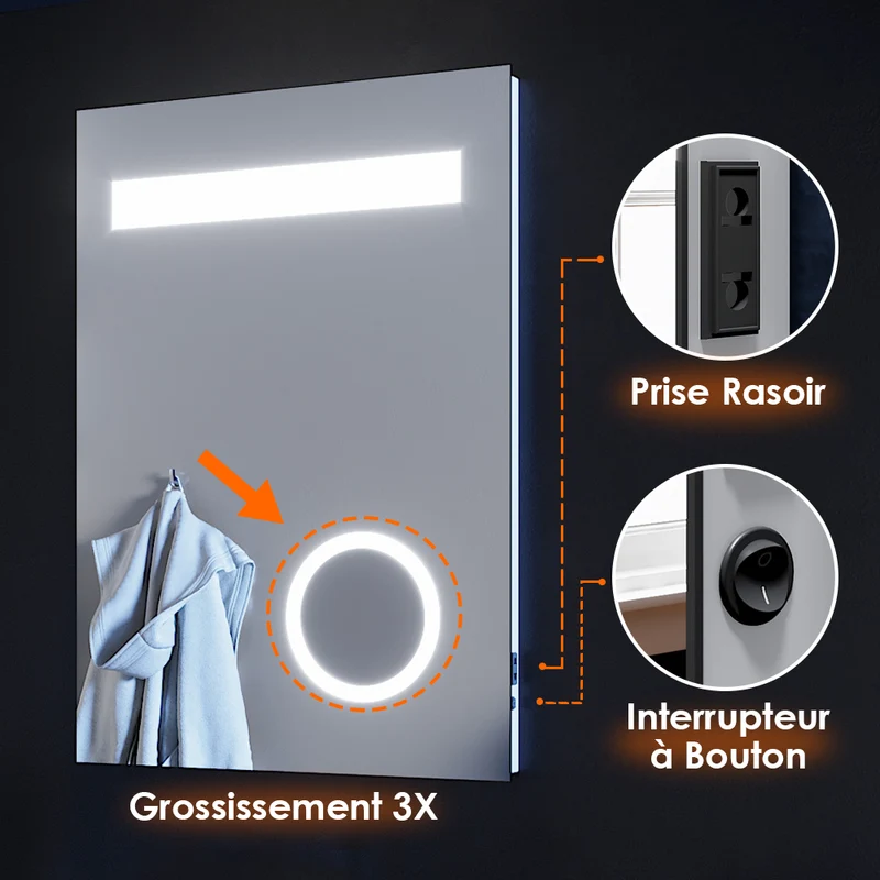 SIRHONA Miroir led 50x70 CM Miroir de salle de bains avec éclairage LED Miroir Cosmétiques Mural Lumière Illumination avec Prise Rasoir Bouton de commutation