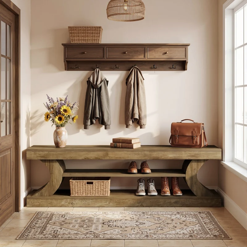 Tribesigns Banc à chaussures 160 cm avec rangement, Banc d'entrée à 3 niveaux de style champêtre avec étagères ouvertes