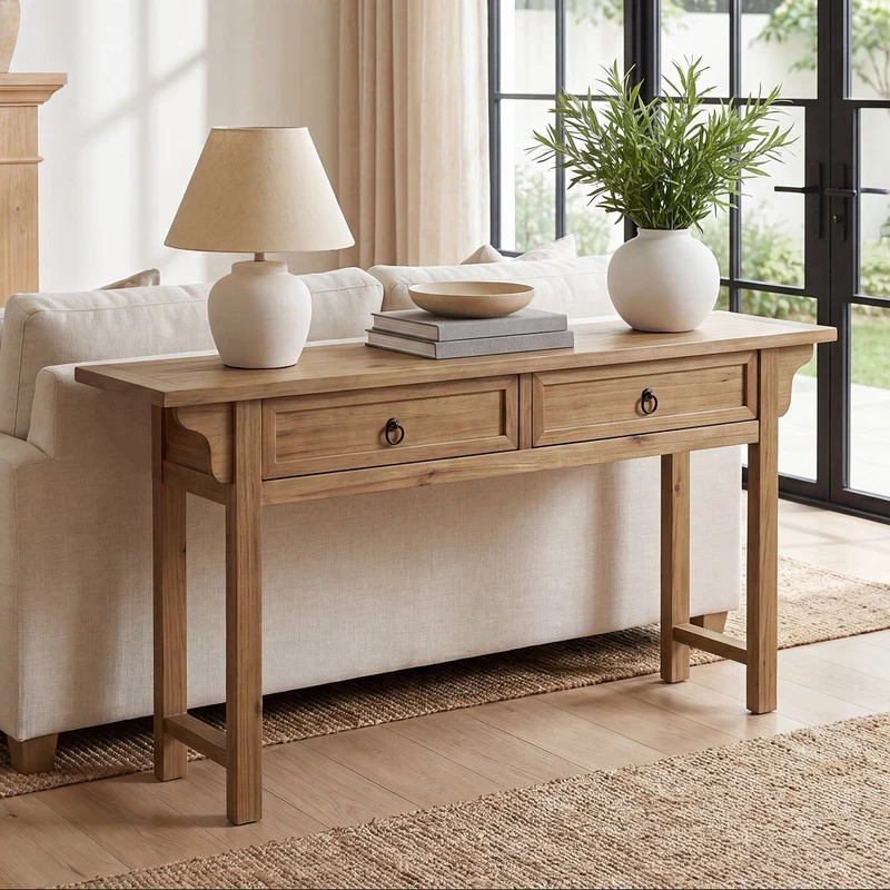 Tribesigns Console en bois massif de 160 cm avec 2 tiroirs, Table d'entrée étroite avec espace de rangement