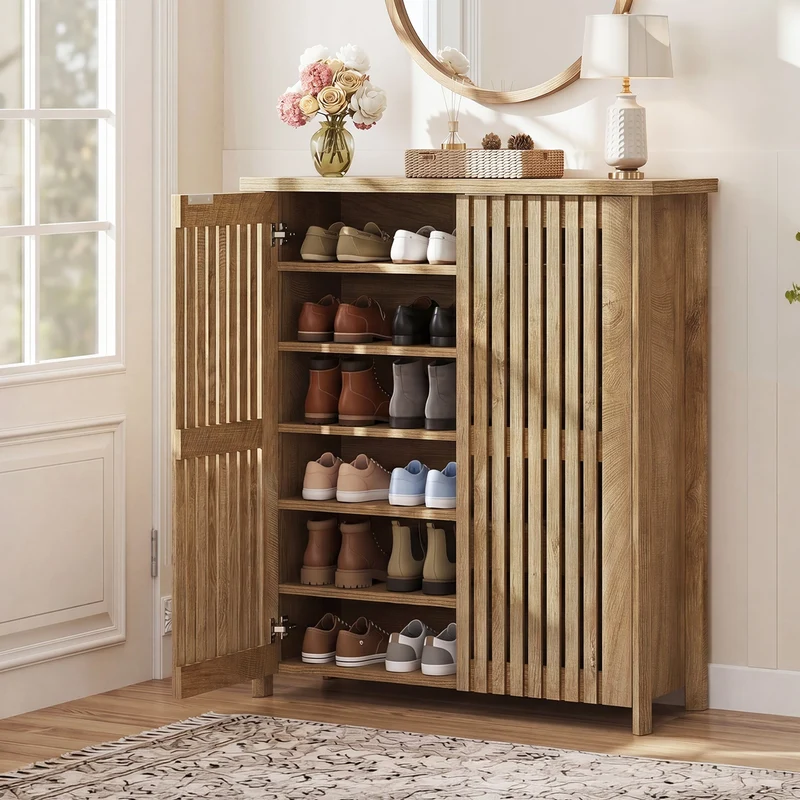 Tribesigns Meuble à chaussures 80 × 35 × 111 cm avec 2 portes à lattes, étagère à chaussures à 6 niveaux pour l'entrée