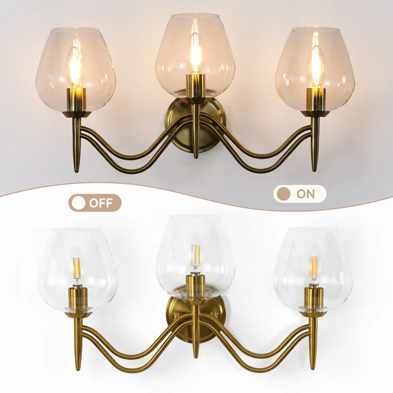 Applique murale de salle de bain à 3 lumières 58 cm en laiton avec miroir et verre transparent, douille E14