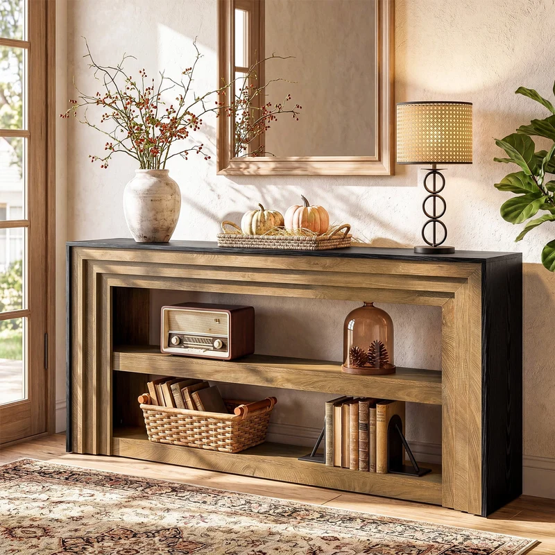 Tribesigns Console de 160 cm de style campagnard, Table d'entrée étroite à 3 niveaux et étagères ouvertes