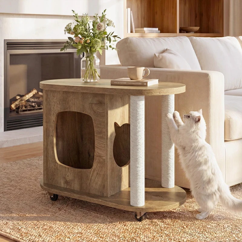 Tribesigns Maison pour chat avec griffoirs et table d'appoint, Table basse ovale sur roulettes avec cachette pour chat