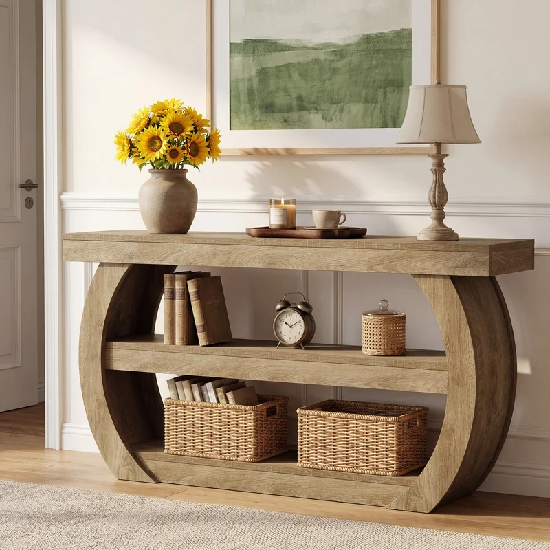 Tribesigns Table console style ferme (160 cm), Table d'entrée en bois à 3 niveaux avec étagère de rangement
