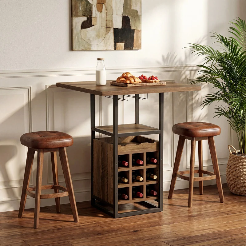 Tribesigns Table de bar 95 cm avec rangement, Table bistro étroite avec étagères, casier à vin et porte-verres