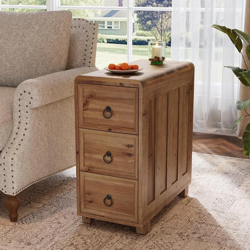 Tribesigns Table d'appoint étroite en bois massif avec 3 tiroirs pour salon, Table de chevet fine, table d'appoint