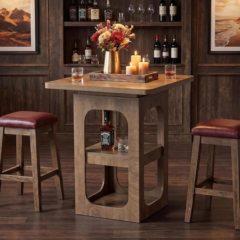 Tribesigns Table de bar carrée 80 cm avec 3 étagères, Table haute en bois pour cuisine, bar, salle à manger, bistro, petits espaces, appartement