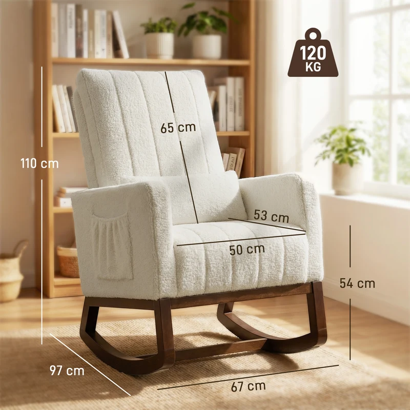 Fauteuil à bascule salon 67 x 97 x 110 cm assise rembourrée très épaisse dossier haut scandinave cosy en polyester crème 21_0003639
