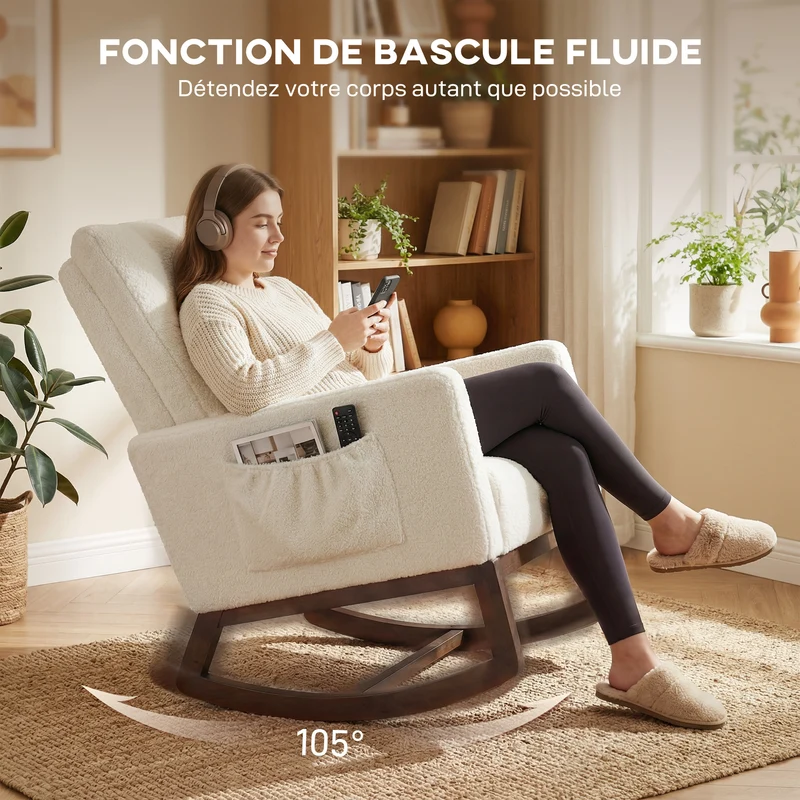 Fauteuil à bascule salon 67 x 97 x 110 cm assise rembourrée très épaisse dossier haut scandinave cosy en polyester crème 21_0003639