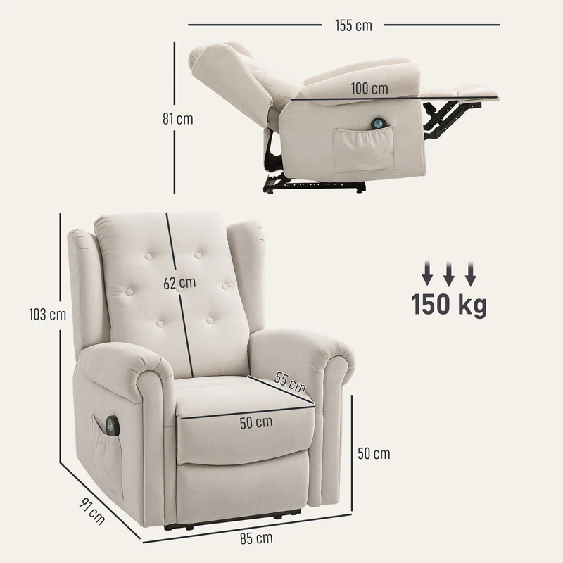 Fauteuil relax massant inclinable 85 x 91 x 103 cm chauffant lombaire repose-pieds réglable contemporain en lin beige 21_0000832