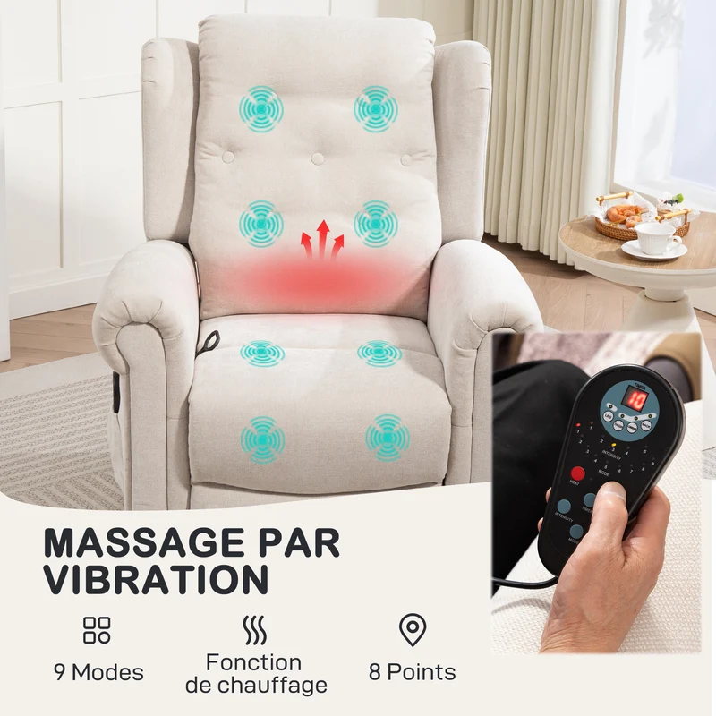Fauteuil relax massant inclinable 85 x 91 x 103 cm chauffant lombaire repose-pieds réglable contemporain en lin beige 21_0000832