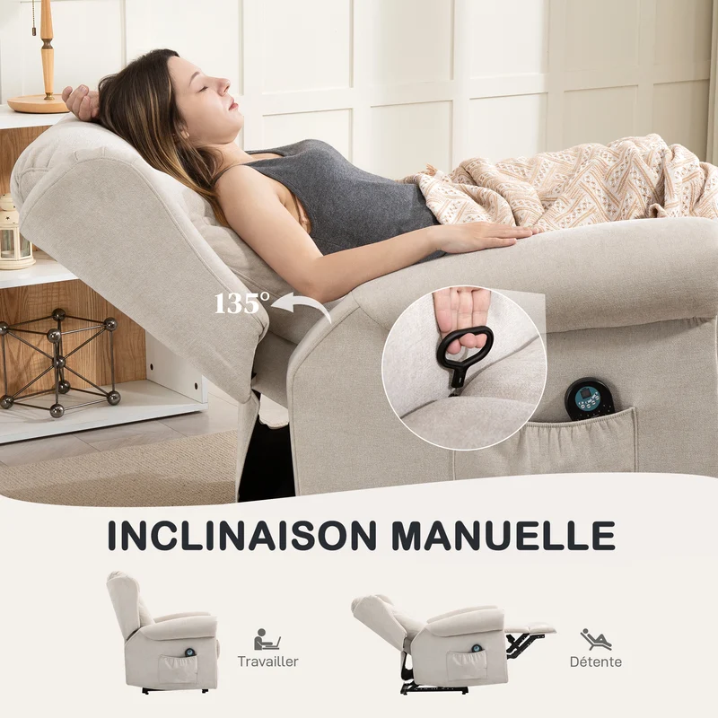 Fauteuil relax massant inclinable 85 x 91 x 103 cm chauffant lombaire repose-pieds réglable contemporain en lin beige 21_0000832