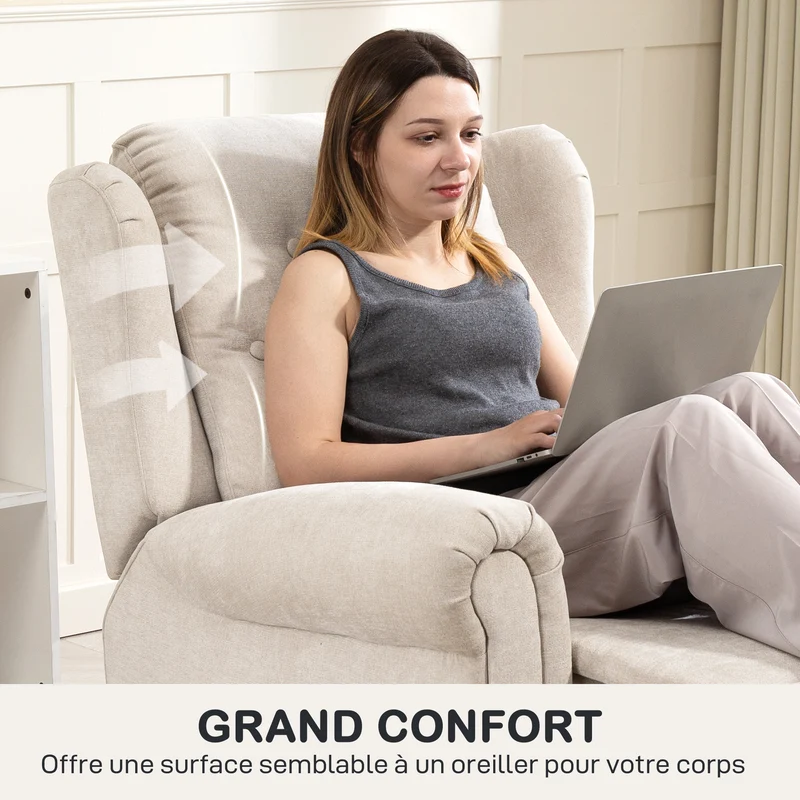 Fauteuil relax massant inclinable 85 x 91 x 103 cm chauffant lombaire repose-pieds réglable contemporain en lin beige 21_0000832