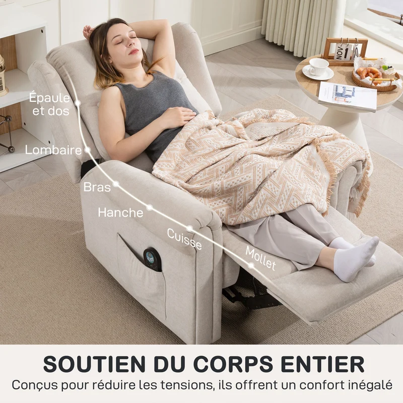 Fauteuil relax massant inclinable 85 x 91 x 103 cm chauffant lombaire repose-pieds réglable contemporain en lin beige 21_0000832