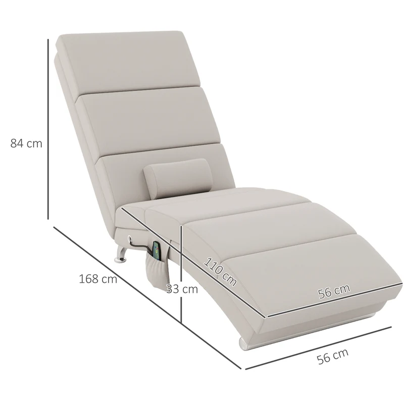 Fauteuil relax chaise longue salon 56 x 168 x 84 cm massage 8 points chauffage lombaire classique en polyester crème 21_0000826