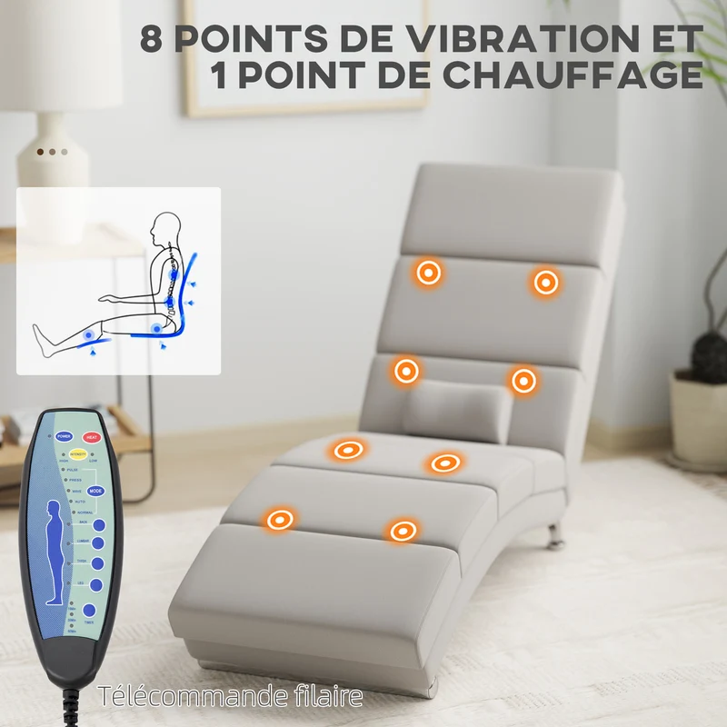 Fauteuil relax chaise longue salon 56 x 168 x 84 cm massage 8 points chauffage lombaire classique en polyester crème 21_0000826
