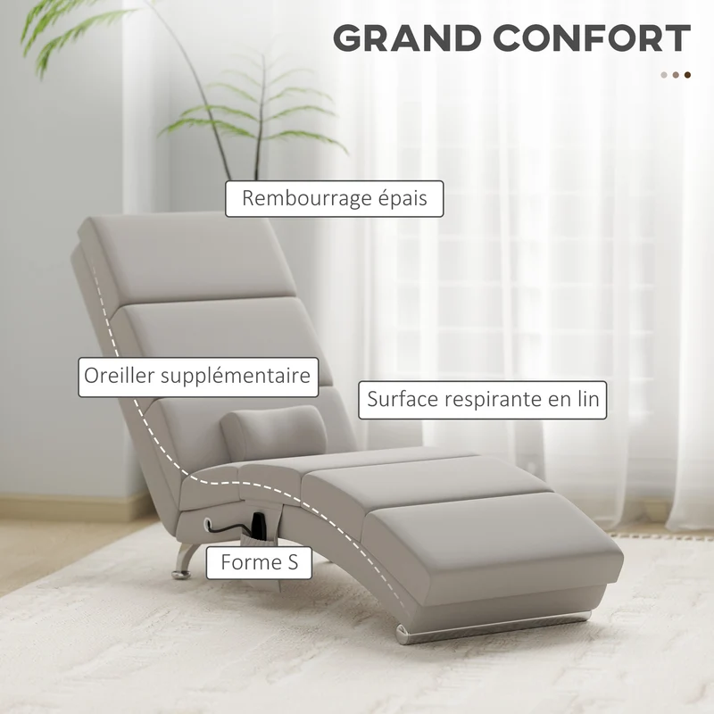 Fauteuil relax chaise longue salon 56 x 168 x 84 cm massage 8 points chauffage lombaire classique en polyester crème 21_0000826