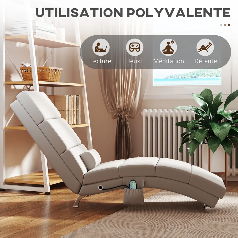 Fauteuil relax chaise longue salon 56 x 168 x 84 cm massage 8 points chauffage lombaire classique en polyester crème 21_0000826
