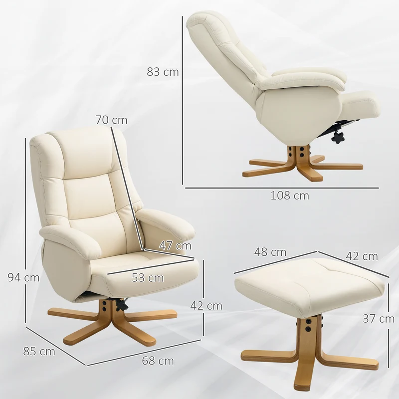 Fauteuil inclinable pivotant 360° repose-pied 68 x 85 x 94 cm inclinaison 135° assise épaisse contemporain en PU crème 21_0003490