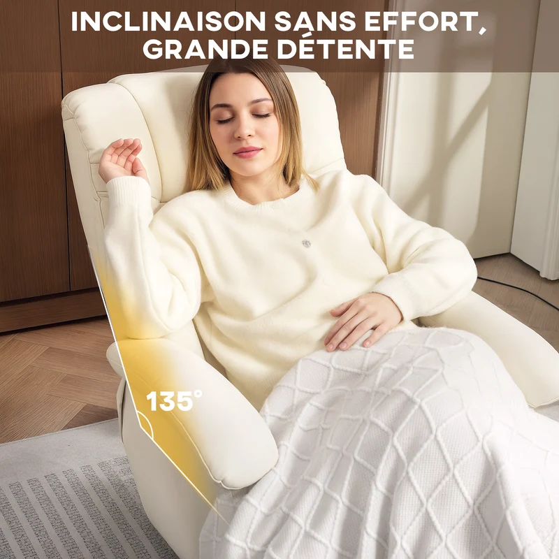 Fauteuil inclinable pivotant 360° repose-pied 68 x 85 x 94 cm inclinaison 135° assise épaisse contemporain en PU crème 21_0003490