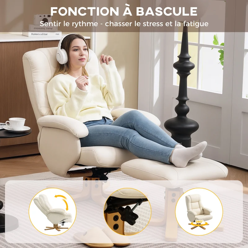 Fauteuil inclinable pivotant 360° repose-pied 68 x 85 x 94 cm inclinaison 135° assise épaisse contemporain en PU crème 21_0003490