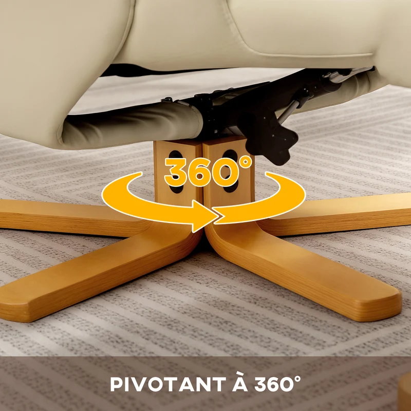 Fauteuil inclinable pivotant 360° repose-pied 68 x 85 x 94 cm inclinaison 135° assise épaisse contemporain en PU crème 21_0003490