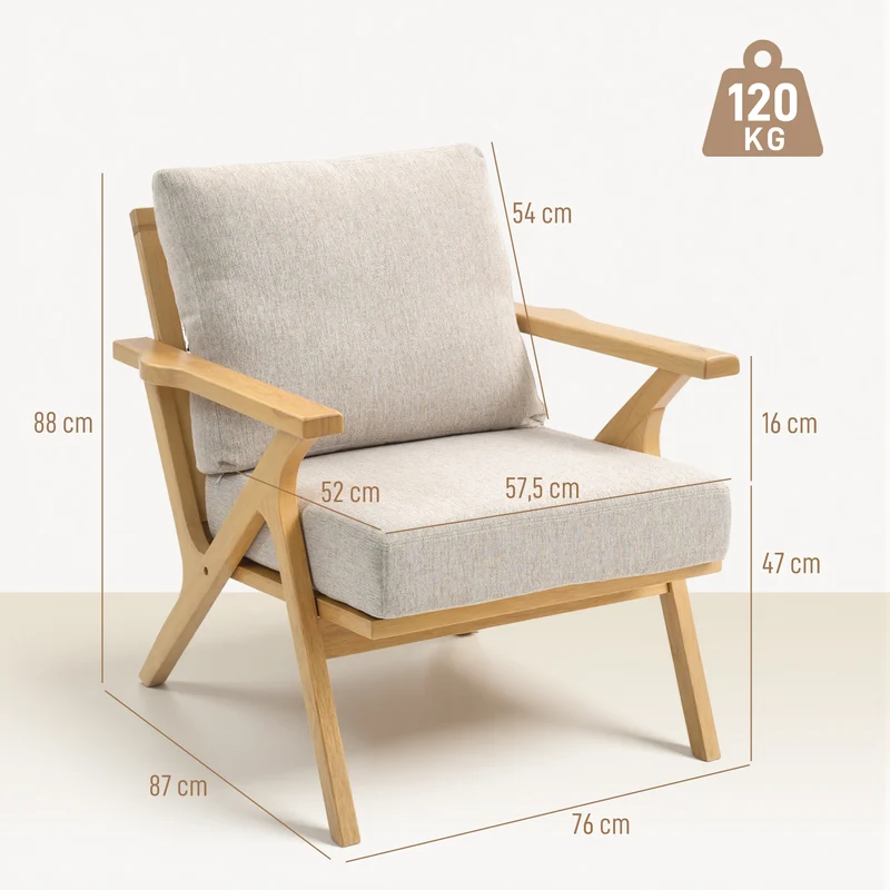 Fauteuil de salon scandinave 76 x 87 x 88 cm assise spacieuse coussin amovible design contemporain cosy en tissu beige 21_0003605