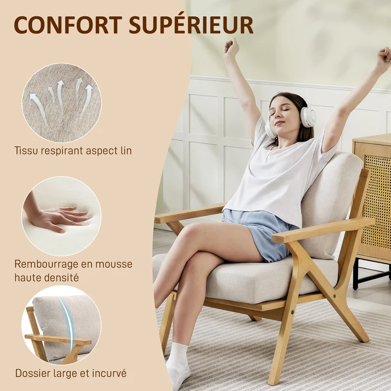 Fauteuil de salon scandinave 76 x 87 x 88 cm assise spacieuse coussin amovible design contemporain cosy en tissu beige 21_0003605