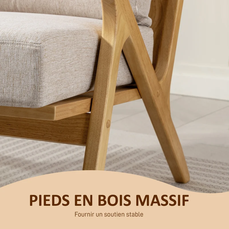 Fauteuil de salon scandinave 76 x 87 x 88 cm assise spacieuse coussin amovible design contemporain cosy en tissu beige 21_0003605