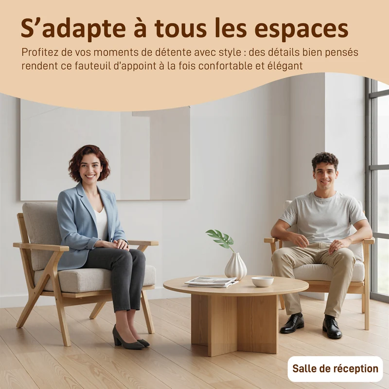 Fauteuil de salon scandinave 76 x 87 x 88 cm assise spacieuse coussin amovible design contemporain cosy en tissu beige 21_0003605