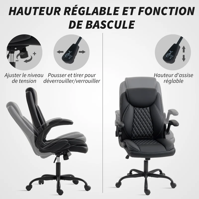 Fauteuil de bureau ergonomique 65 x 67 x 100-110 cm accoudoirs réglables pivotante 360° design contemporain en PU noir 21_0006301