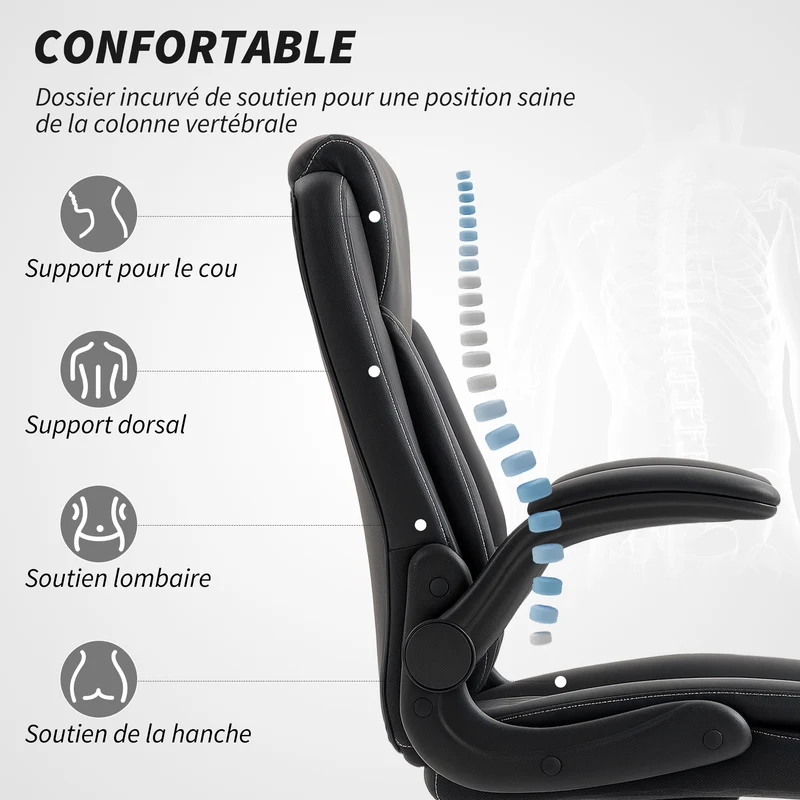 Fauteuil de bureau ergonomique 65 x 67 x 100-110 cm accoudoirs réglables pivotante 360° design contemporain en PU noir 21_0006301