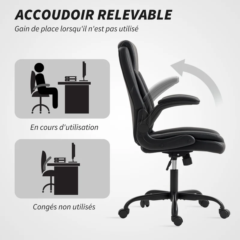 Fauteuil de bureau ergonomique 65 x 67 x 100-110 cm accoudoirs réglables pivotante 360° design contemporain en PU noir 21_0006301